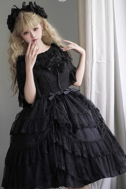 Gothic Princess Lolita JSK Dress with Ruffled Layers and Bow Accents