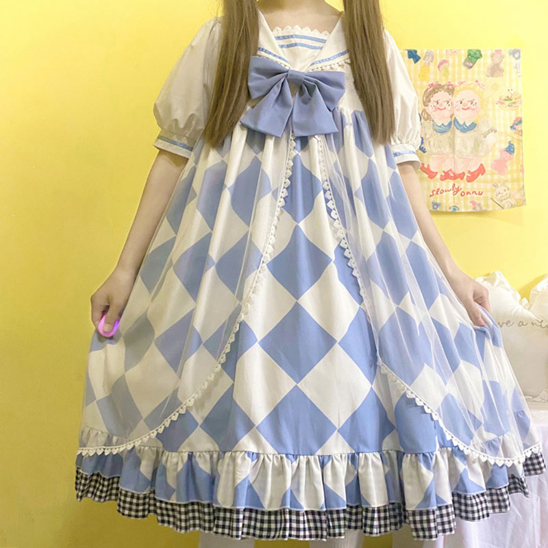 Sweet Bow Square Print Navy Collar Lolita Dress