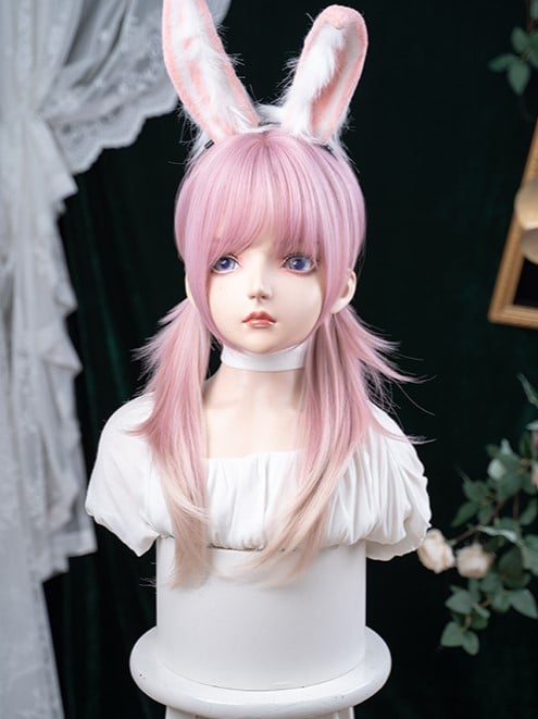 Pink Ombre Hair Color 68CM Length Straight Wig With Air Bangs