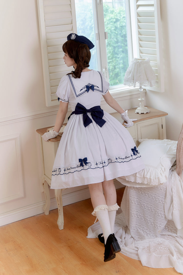Ivory Navy Stripe Ruffled Embroidered Sweet Lolita Dress