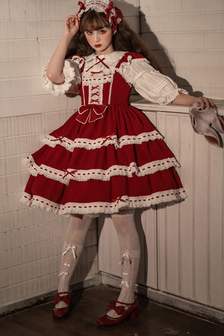 Red Antique Dolls Sweet Lolita Triple-Layered Bowknot JSK Dress