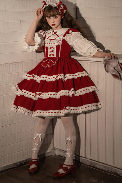 Red Antique Dolls Sweet Lolita Triple-Layered Bowknot JSK Dress