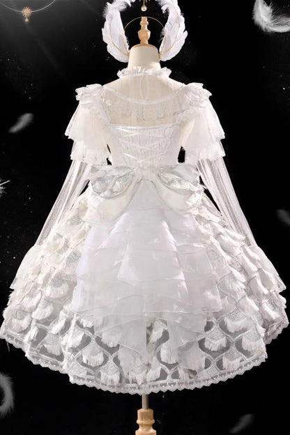 Ivory Peacock Feather Layered Ruffle Hanayome Cardigan Bow Lace Sweet Lolita Jsk Set