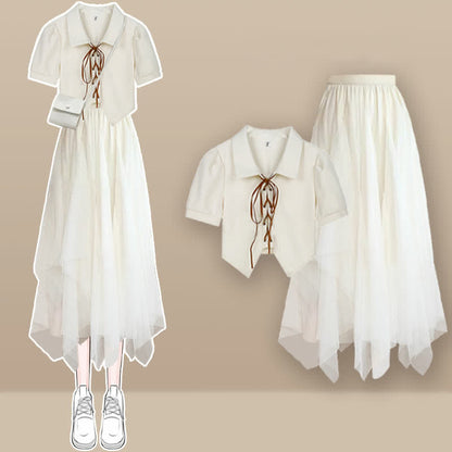 Tulle White Up T-Shirt Lace Skirt Irregular Polo