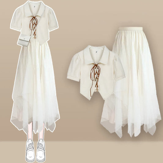 Tulle White Up T-Shirt Lace Skirt Irregular Polo