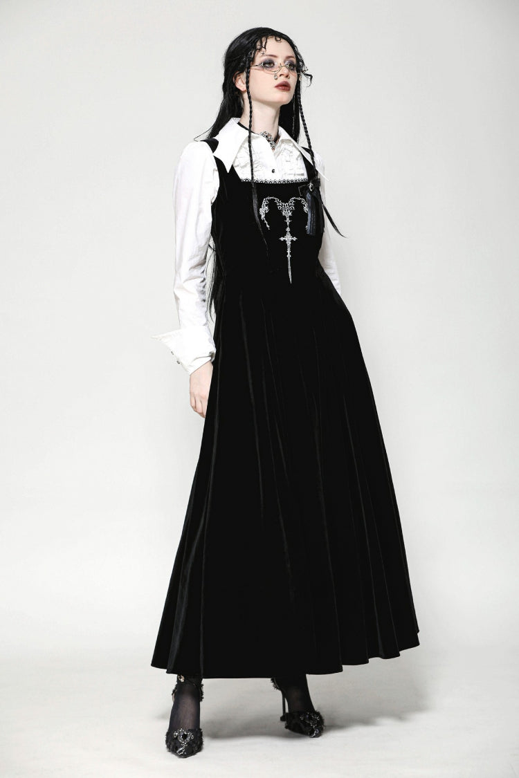 Gothic Women's Velvet Maxi Dress with Embroidered Horns and Lace-Up Back