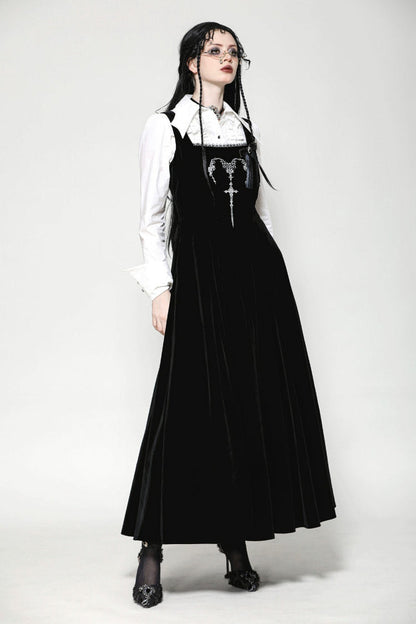 Gothic Women's Velvet Maxi Dress with Embroidered Horns and Lace-Up Back