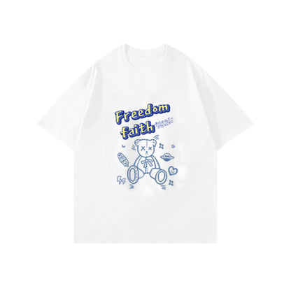 T-Shirt Print Pantskirt Blue Bear Cartoon Letter