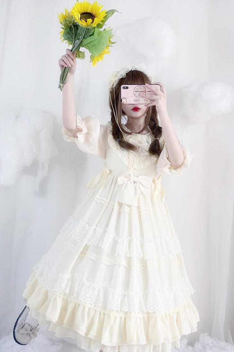 Beige Lace Angel Short-Sleeved Bow-Trim Ruffled Sweet Lolita Dress
