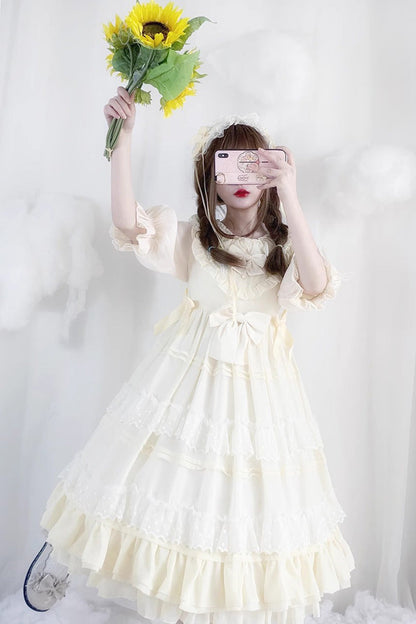 Beige Lace Angel Short-Sleeved Bow-Trim Ruffled Sweet Lolita Dress
