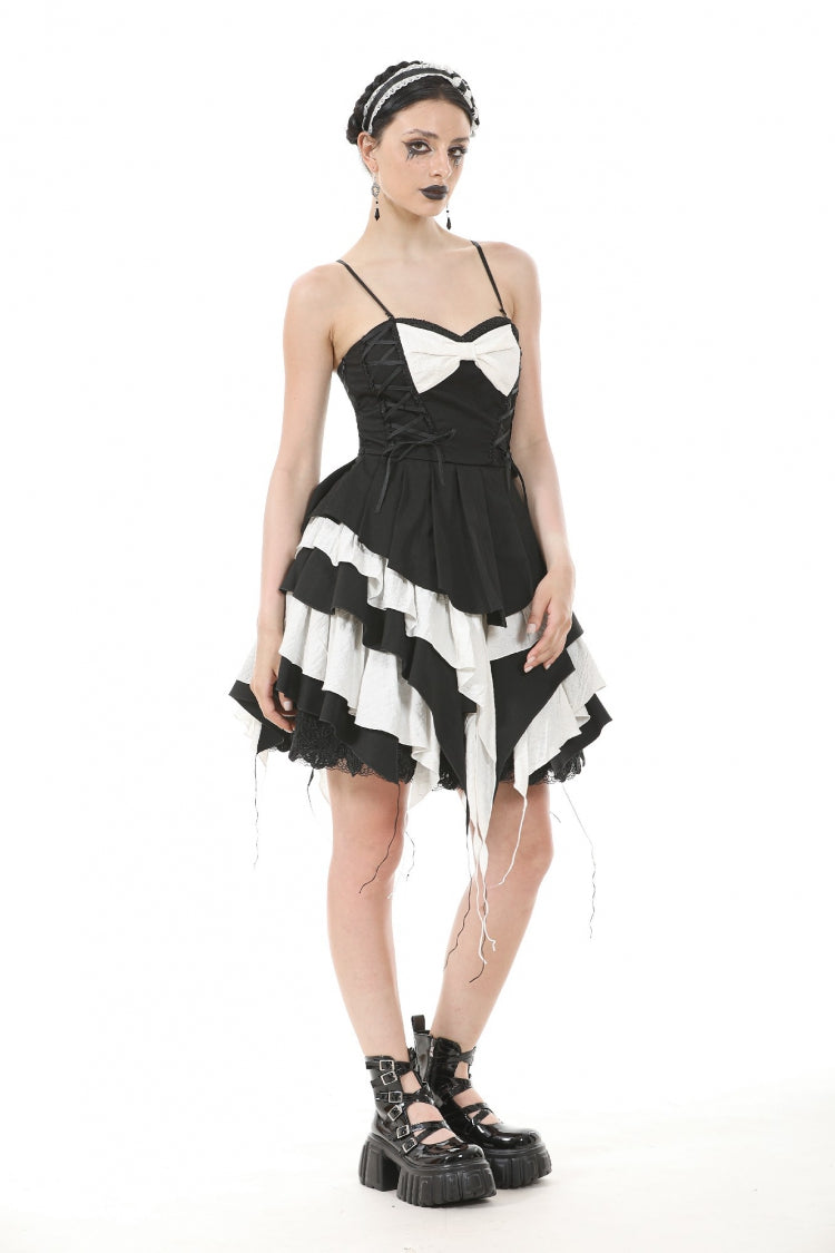 Monochrome Sleeveless Multi-Layered Ruffled Bow Slip Dress