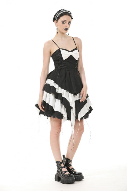 Monochrome Sleeveless Multi-Layered Ruffled Bow Slip Dress