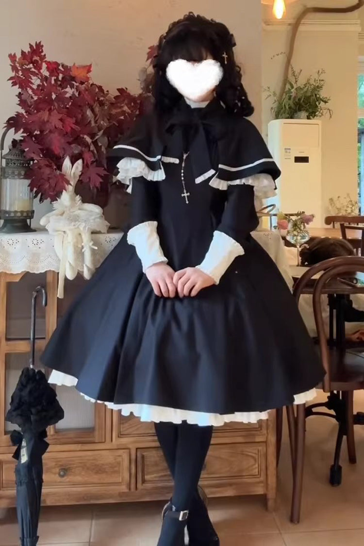 Black Long Sleeve Ruffle Bow Maid Gothic Lolita Dress Cloak Two Piece Set
