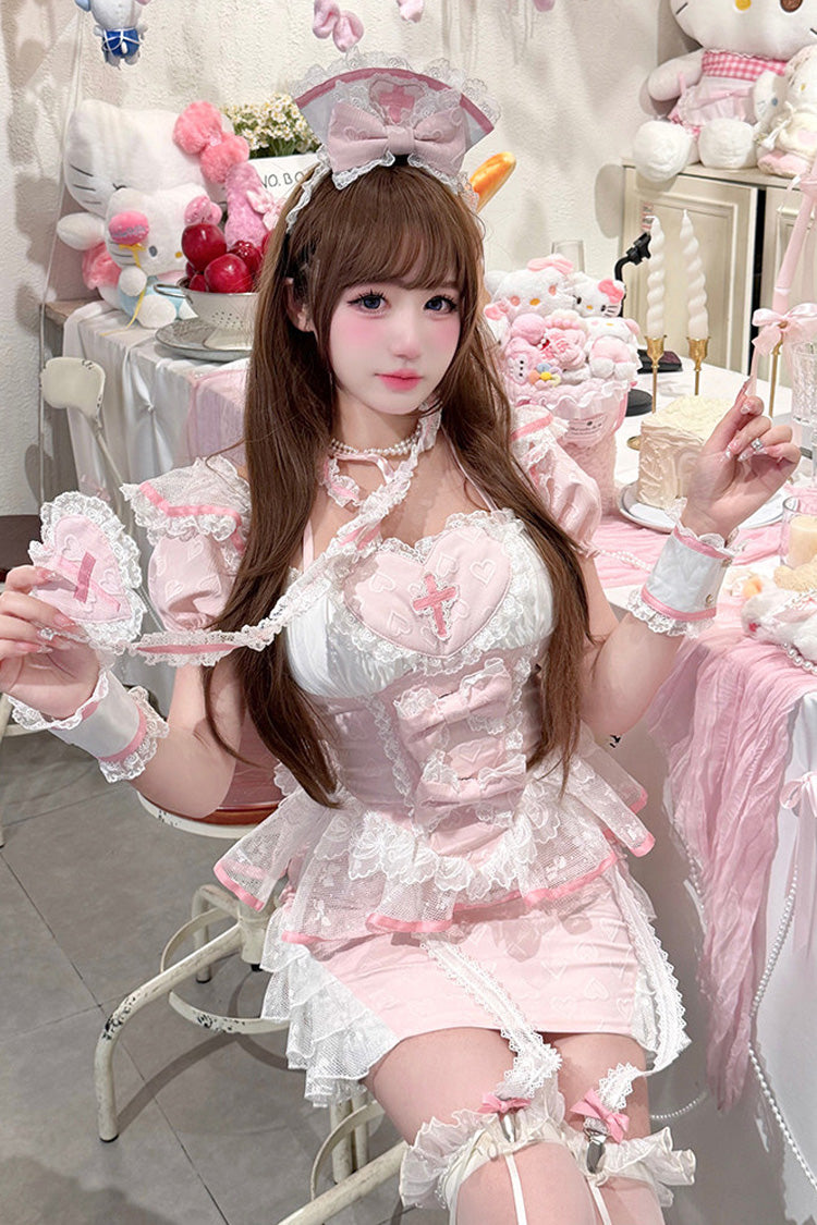Rose Square Collar Short Sleeve Jacquard Ruffle Embroidered Bow Lace Chinese Sweet Lolita Two-Piece - Little Nurse