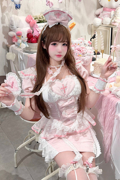 Rose Square Collar Short Sleeve Jacquard Ruffle Embroidered Bow Lace Chinese Sweet Lolita Two-Piece - Little Nurse