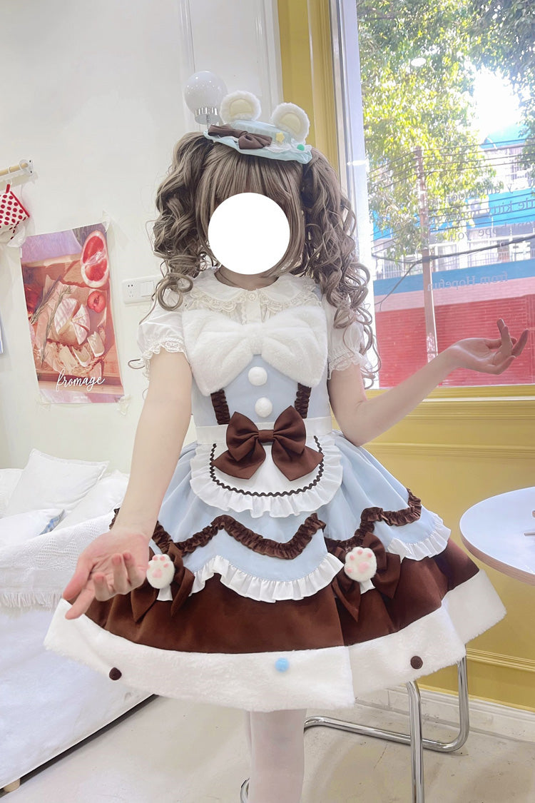 Blue/Brown Sweet Lolita Winter Ruffle Bowknot JSK Dress