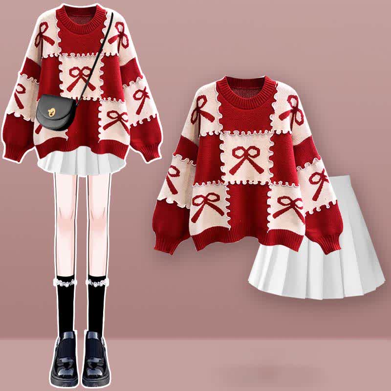 Plaid Knot Skirt Print Sweater Set Pleated Bow