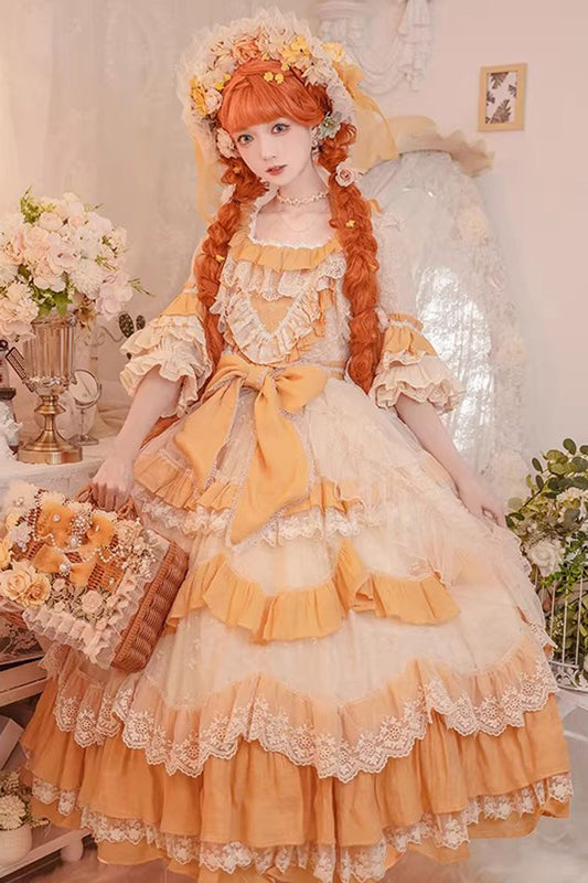 Apricot Yellow Floral Garden Cottage Square Collar Short Sleeve Layered Ruffle Lace Sweet Plus Lolita JSK