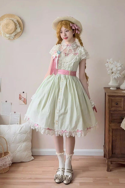 Emerald Sakura's Spring Resonance Sleeveless Ruffled Bow Sweet Lolita JSK