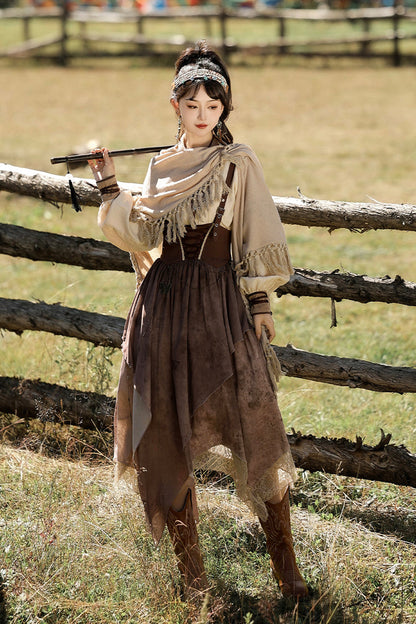 Brown Sunset Yellow Sand Print Irregular Asymmetric Vintage Lolita Dress Set