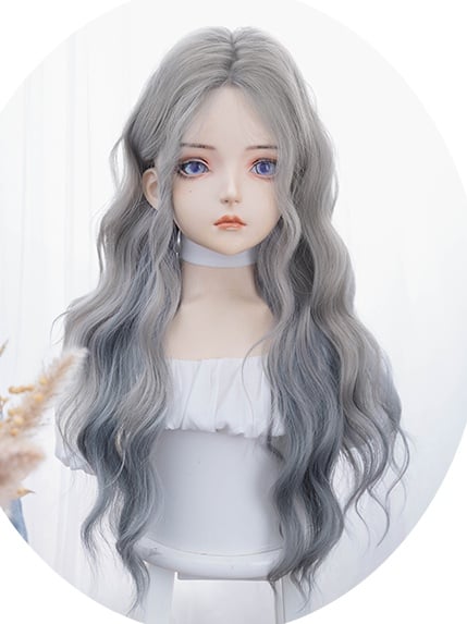 Blue-Grey Long Wavy Synthetic Wig With Bangs