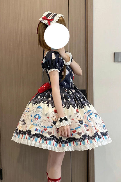 Square Collar Printed Bowknot Lace Sweet Dress