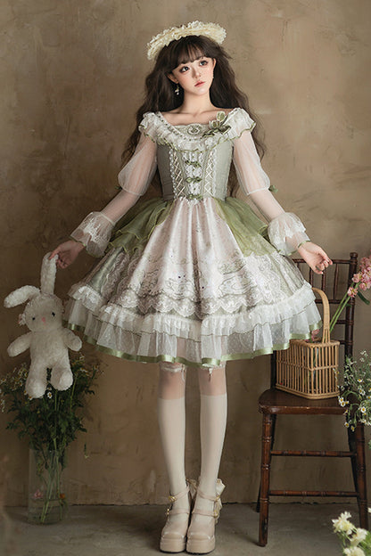 Emerald Lace-Up Bow Lolita OP Dress - Teacup Rabbit
