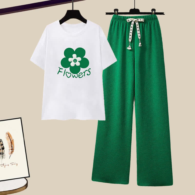 Letter Print Flowers Casual Set T-Shirt Pants