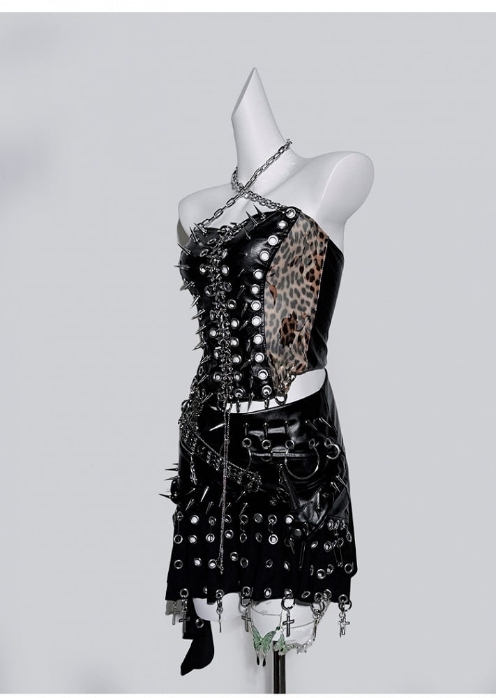 Black Leopard Stud Ring PU Corset Top