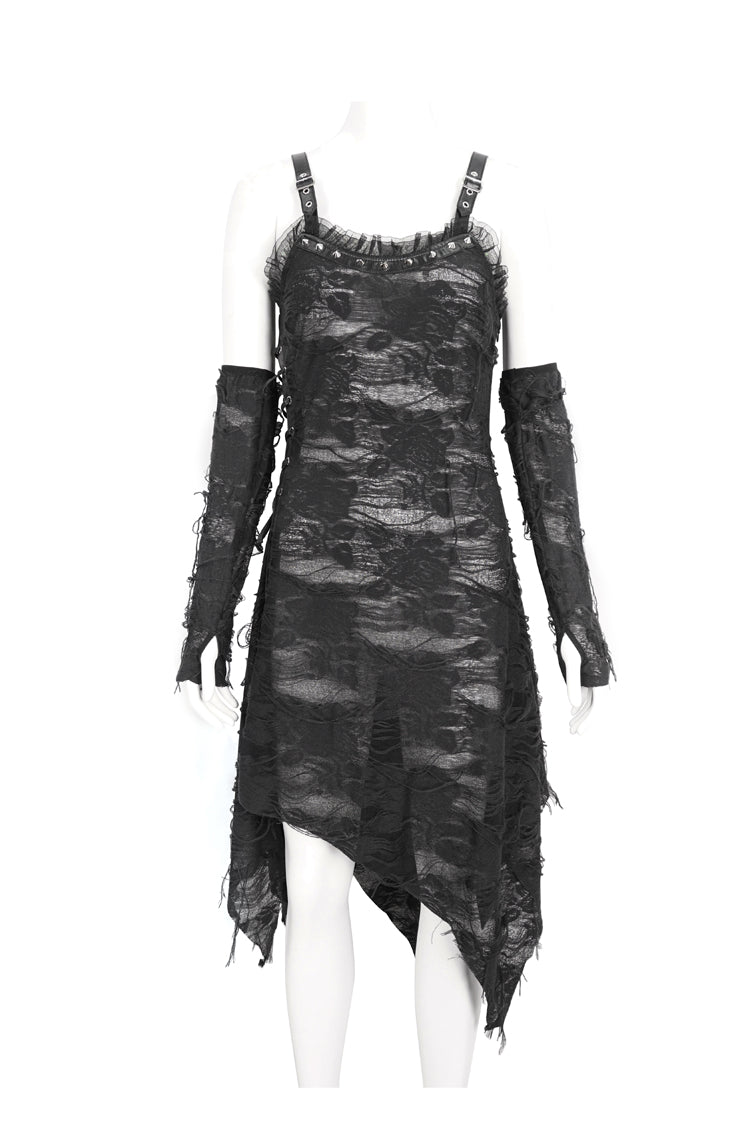 Asymmetric Strap Gothic Slip Dress with Lace Detail - NoirEdge