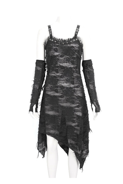 Asymmetric Strap Gothic Slip Dress with Lace Detail - NoirEdge