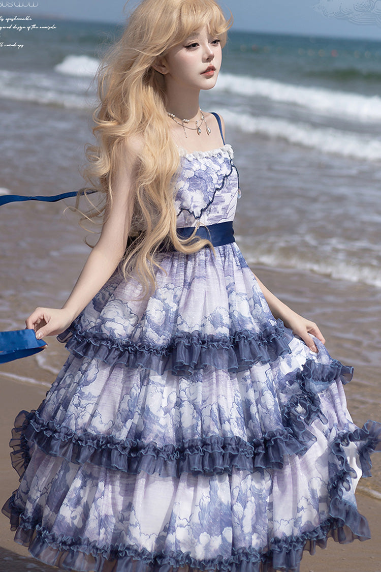 Multihued Layered Cloud Print Ribboned Lolita Jumper