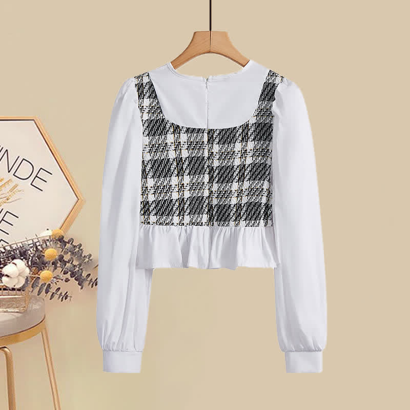 Print Shirt Denim Lattice Fishtail Skirt Set