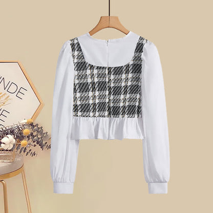 Print Shirt Denim Lattice Fishtail Skirt Set