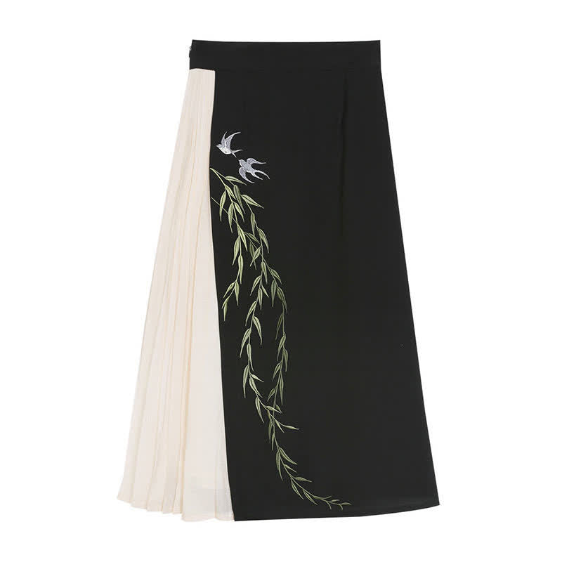 Elegant Salix Leaves Embroidery T-Shirt Cami Top Skirt