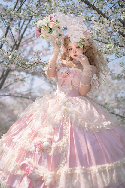 Pink Ruffle Bridal Bow Lace Sweet Princess Lolita Jumper - Love and Roses