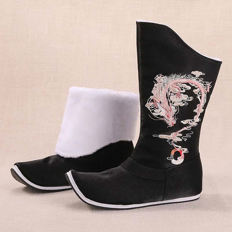 Vintage Dragon Embroidery Pointed Toe Plush Boots