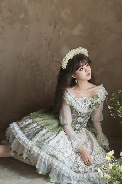 Emerald Lace-Up Bow Lolita OP Dress - Teacup Rabbit