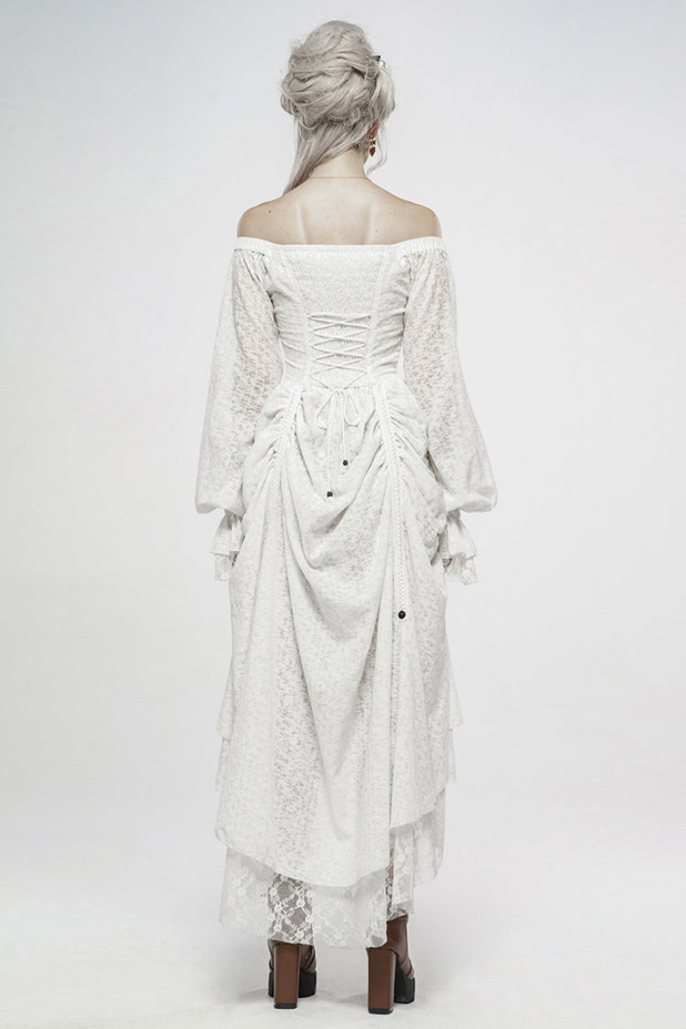 Ivory Off-Shoulder Puff Sleeve Mesh Gothic Gown