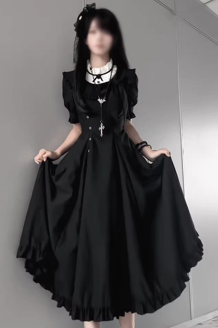 Black Elegant Gothic Lolita Dress with Stand Collar and Ruffled Short Sleeves