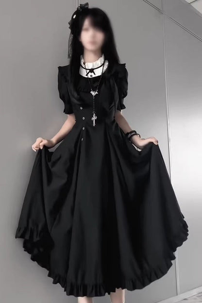 Black Elegant Gothic Lolita Dress with Stand Collar and Ruffled Short Sleeves