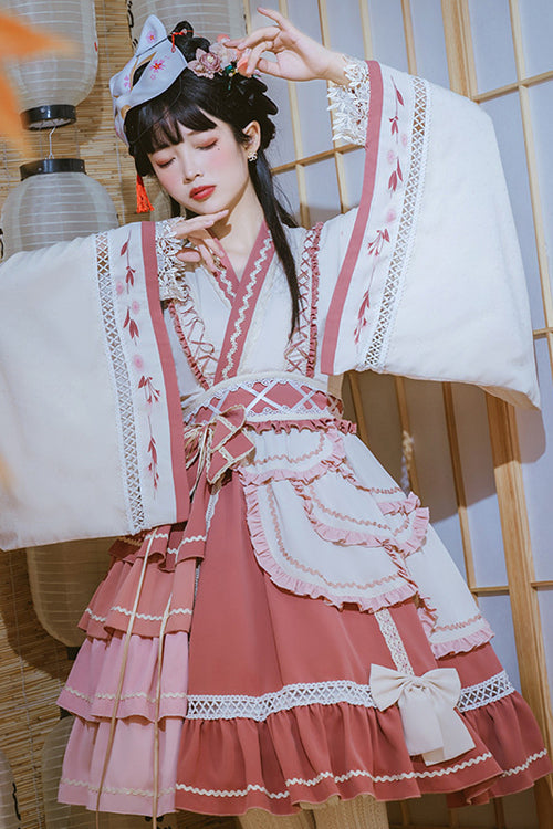 Multi-Layered Ruffled Wide-Sleeved Sweet Lolita OP Dress in Beige and Pink