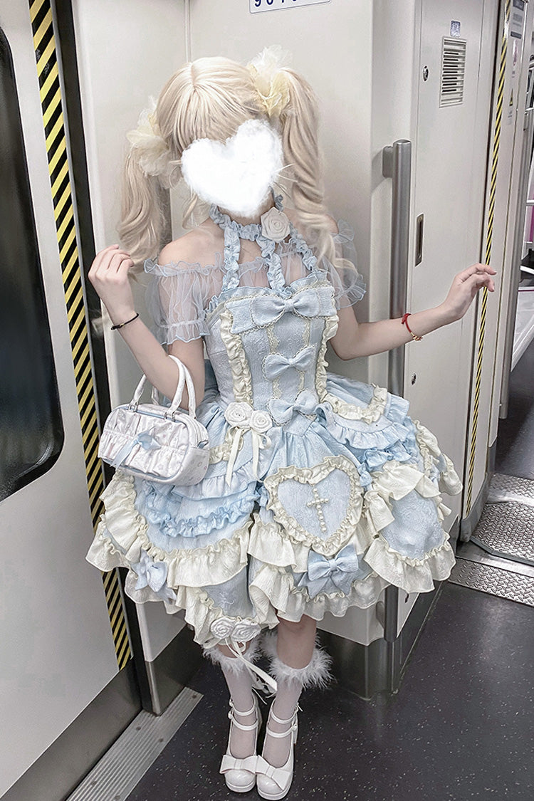 Blue Heart of Butterfly Halterneck Sleeveless Multi-Layer Ruffle Embroidery Princess Ballet JSK Dress Set
