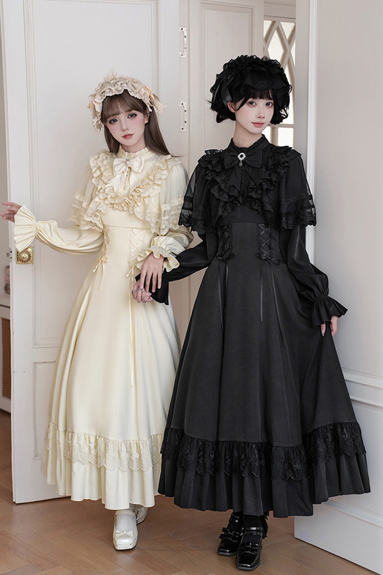 Stand Collar Gothic Dress with Long Sleeves and Lace-Up Ruffled Bow - Letters & Poems · Day and Night
