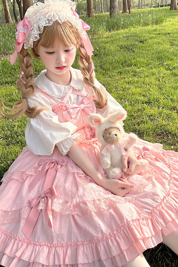 Rose Miss Pearl Sleeveless Double Layer Bow Lace Corset Sweet Lolita JSK Outfit