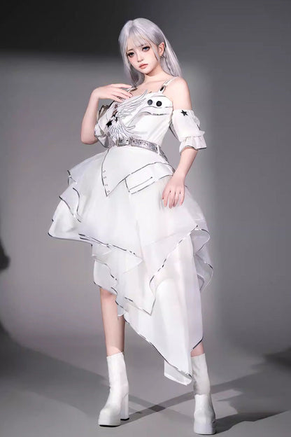 Asymmetric Futuristic Punk Jumper Dress Set - White Silver Wings