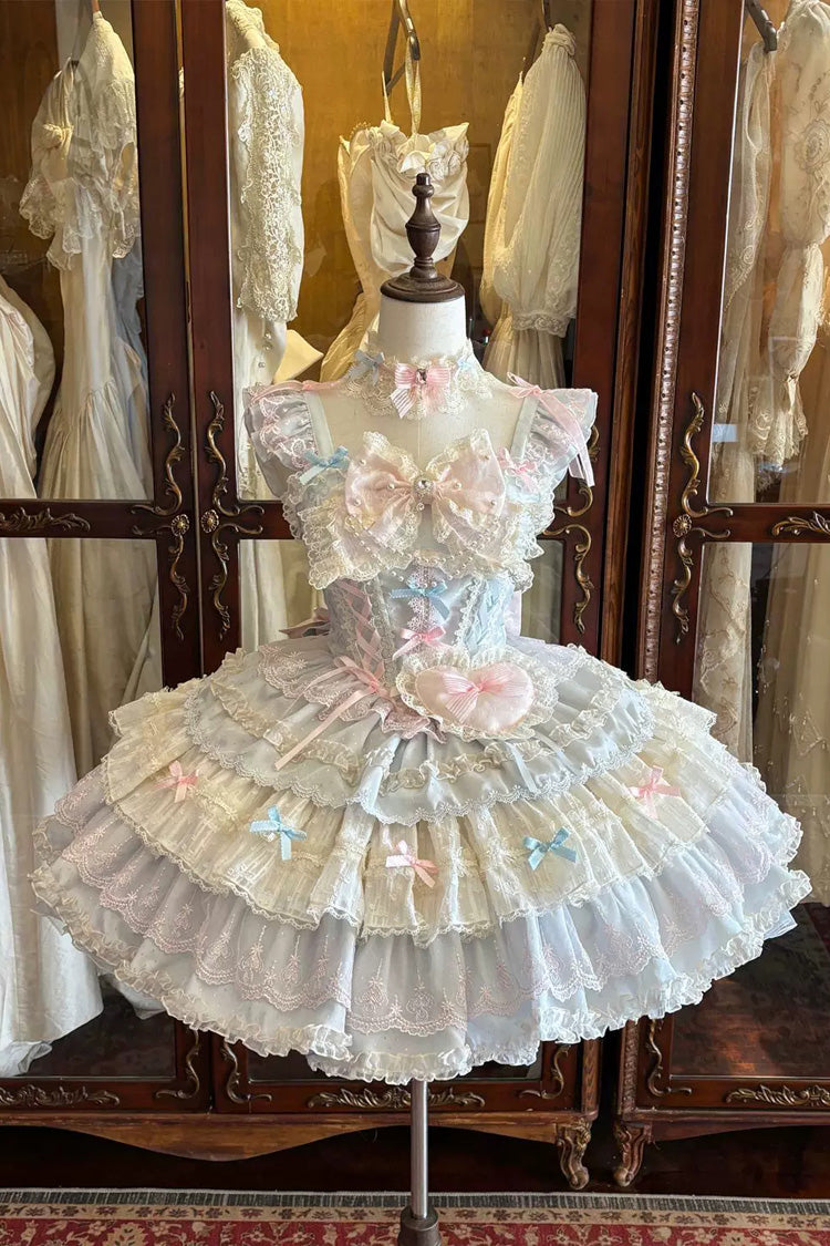 Sweet Lolita JSK Dress with Square Collar and Multi-Layered Ruffled Bow Lace