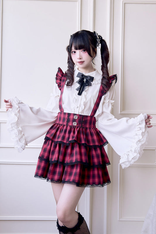 Crimson Three-Tier Tartan Ruffle Goth Jirai Kei Strap Dress