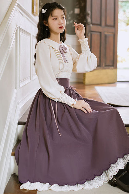 Classic Lolita Two-Piece Dress with High-Waist and Lace Wave Hem