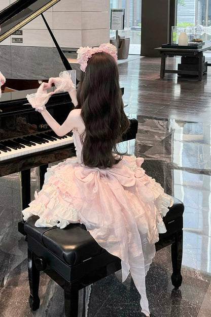 Pink Heart of Butterfly Halterneck Sleeveless Multi-Layer Ruffle Embroidery Princess Ballet JSK Dress Set